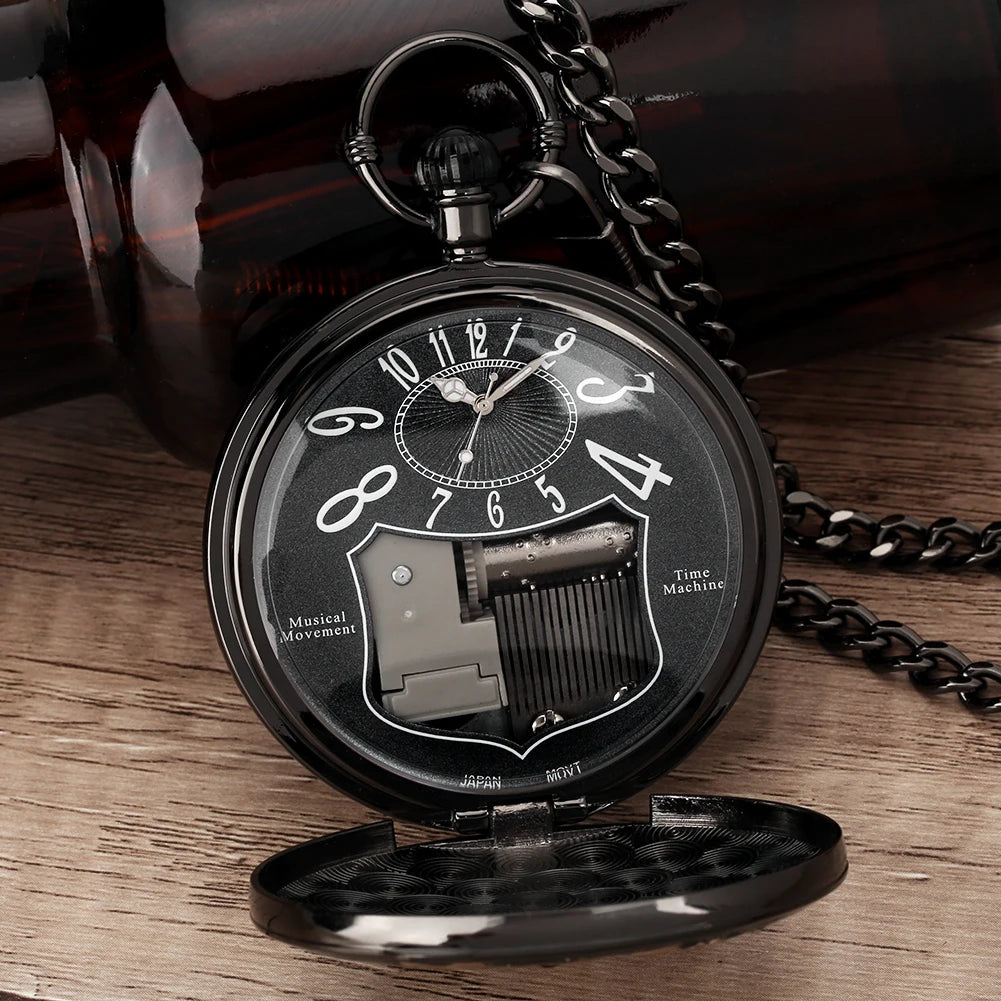 YISUYA Adults Men Quartz Acrylic Face Round Case Analog Display Black Background Gold Planets-Stars-Astronaut-Space Capsule-Shuttle-Satellites-Lunar Roving Vehicle Two Orange-Dark Green Stones Chain-Pocket Watches