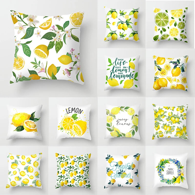 No-EN-Name-Null Modern Soft Plush Peach-Skin Polyester Fabric One-Sided Printed Square Decorative Lemon Pillowcases/Colors-Floral/Yellow/White/Green/Striped/Multicolor/Machine Washable /Ironing Instructions