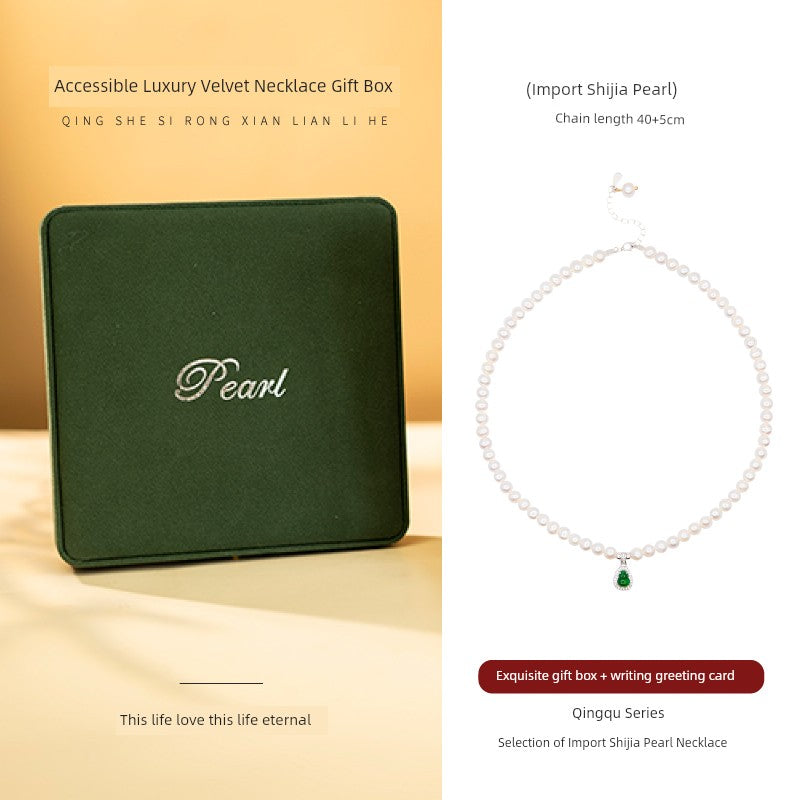MOUNTAIN RULER Adult Women Fine Imitation Sterling Silver Metal White Mother-Of-Pearl Beads-Natural Green Gourd Jade Pendant Clavicle Chain Necklaces