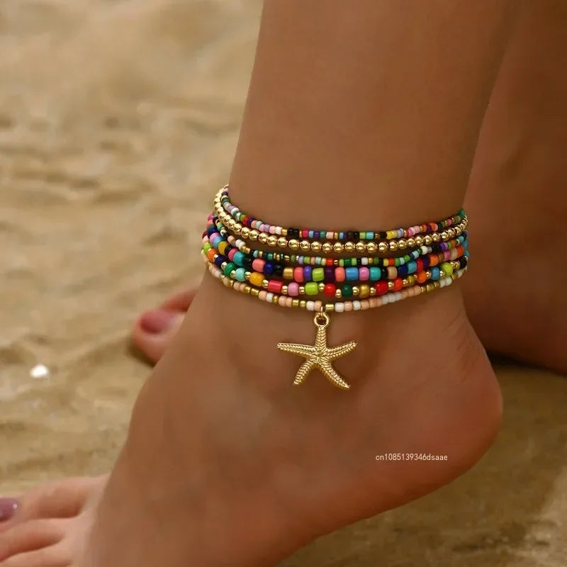 No-EN-Name-Null Women Geometric Multilayer Bohemia Acrylic Rice Bead Starfish Pendant Cable Chain Link Anklets/Colors-Brown/Gold/Geometric/Multicolor
