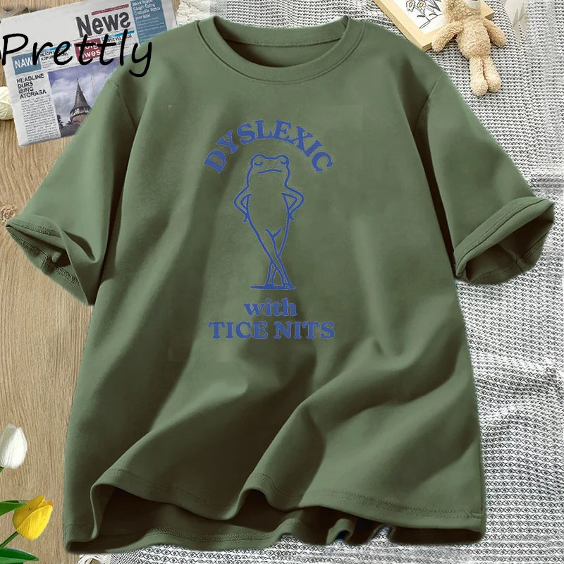 PRETTLY Women Round Neck Saying Dyslexic Tice Nits Funny Cartoon Dyslexia Bear Soft Stretchable Short Sleeve Cotton T-Shirts/Sizes S-3XL In Asian Size/Colors-Beige/Black/Gray/Green/Blue/Yellow/Pink/Red/Multicolor