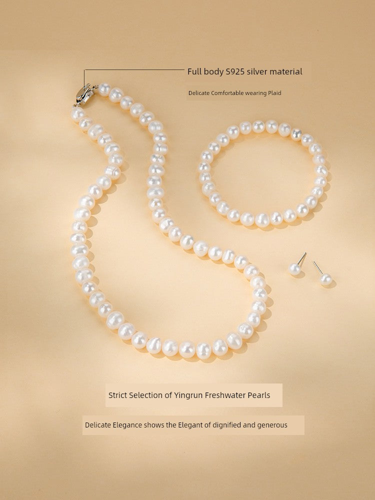 YALENDI Adult Women Imitation Natural White Pearl Necklace-Bracelet-Two Earrings Silver Sterling Metal Ball Chain Fine Jewelry Sets/Colors-White/Silver