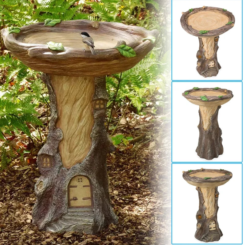 No-EN-Name-Null Outdoor Garden Inspired Fairy House Brown Round Shaped Resin Landscape-Door In Realistic Old Wood Grain-Bark On Tree Trunk-Stairs-With A Small Window Design Free-Standing Full-Size Birdbaths