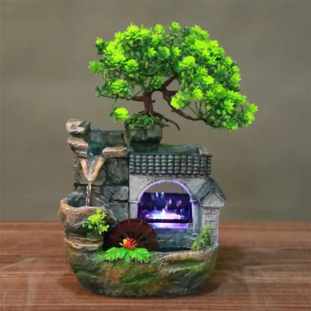 Waterfall Fountain Indoor Home Decor Feng Shui Desktop Small Rockery Simulation Tree Resin Ornaments Crafts with Led Light Gifts