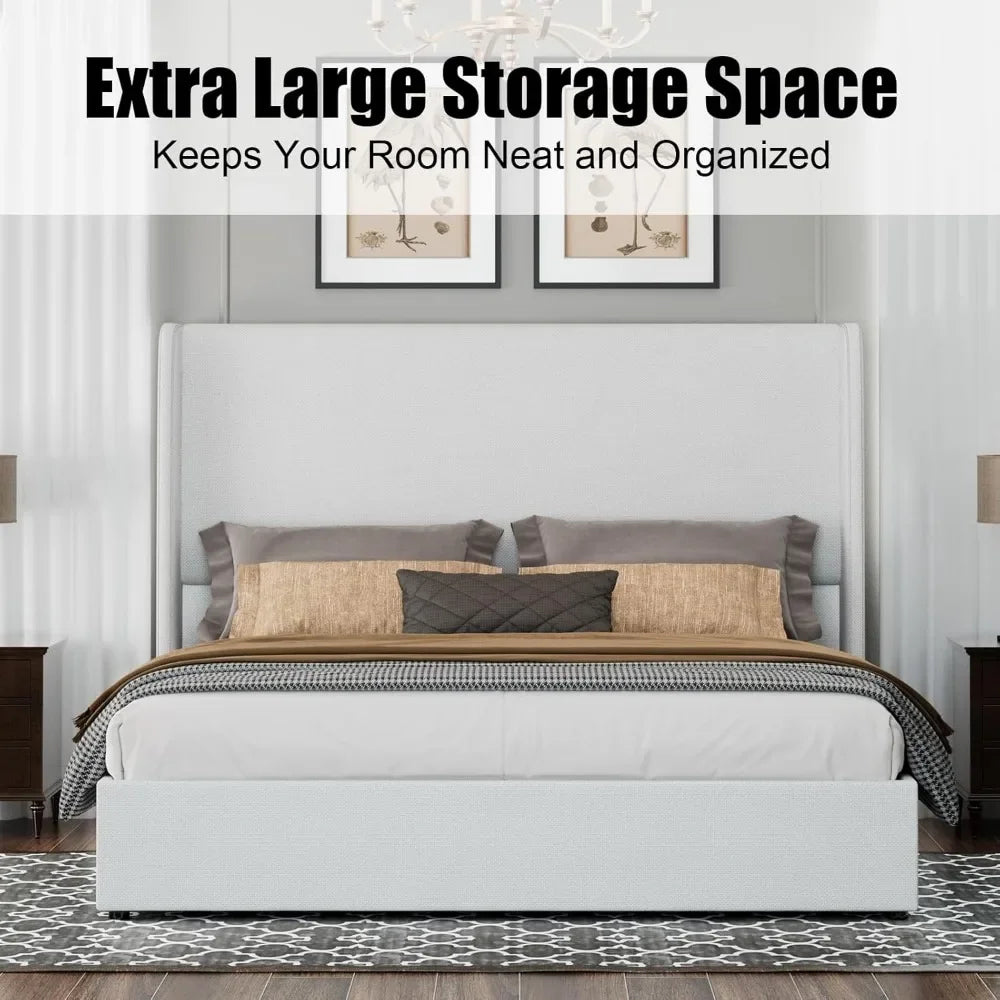 ANGDUO Modern Lift Up Upholstered High Wingback Linen Fabric Headboard Metal Frame King Size Platform Beds/Large Hydraulic Storage/No Box Spring Needed/ Dimensions: 84.25"L x 80.51"W x 51.18"H/Colors-White/Beige/Gray