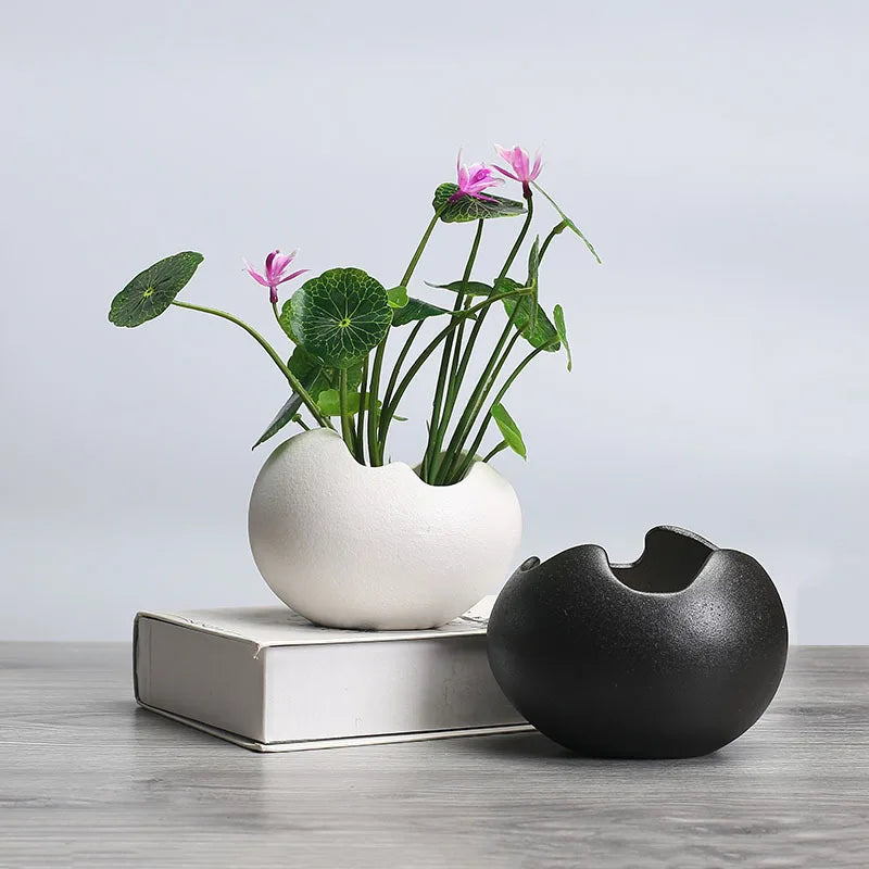 No-EN-Name-Null Indoor European Small Round Shaped White-Silver-Black Chrome Plated Finish Porcelain Ceramic Hydroponic Desktop Flower Pots