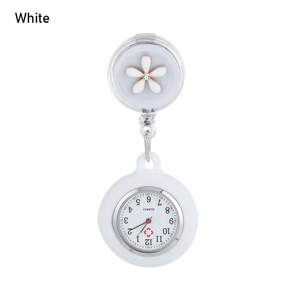 No-EN-Name-Null Adults Waterproof Glass Face Round Shaped Quartz Digital-Analog Display Nurse-Doctor Cute Flower Design Pink Silicone Cover Metal Alloy Case Clip-On Retractable Fob Pocket Watches/Colors-Pink/Black/Blue/White