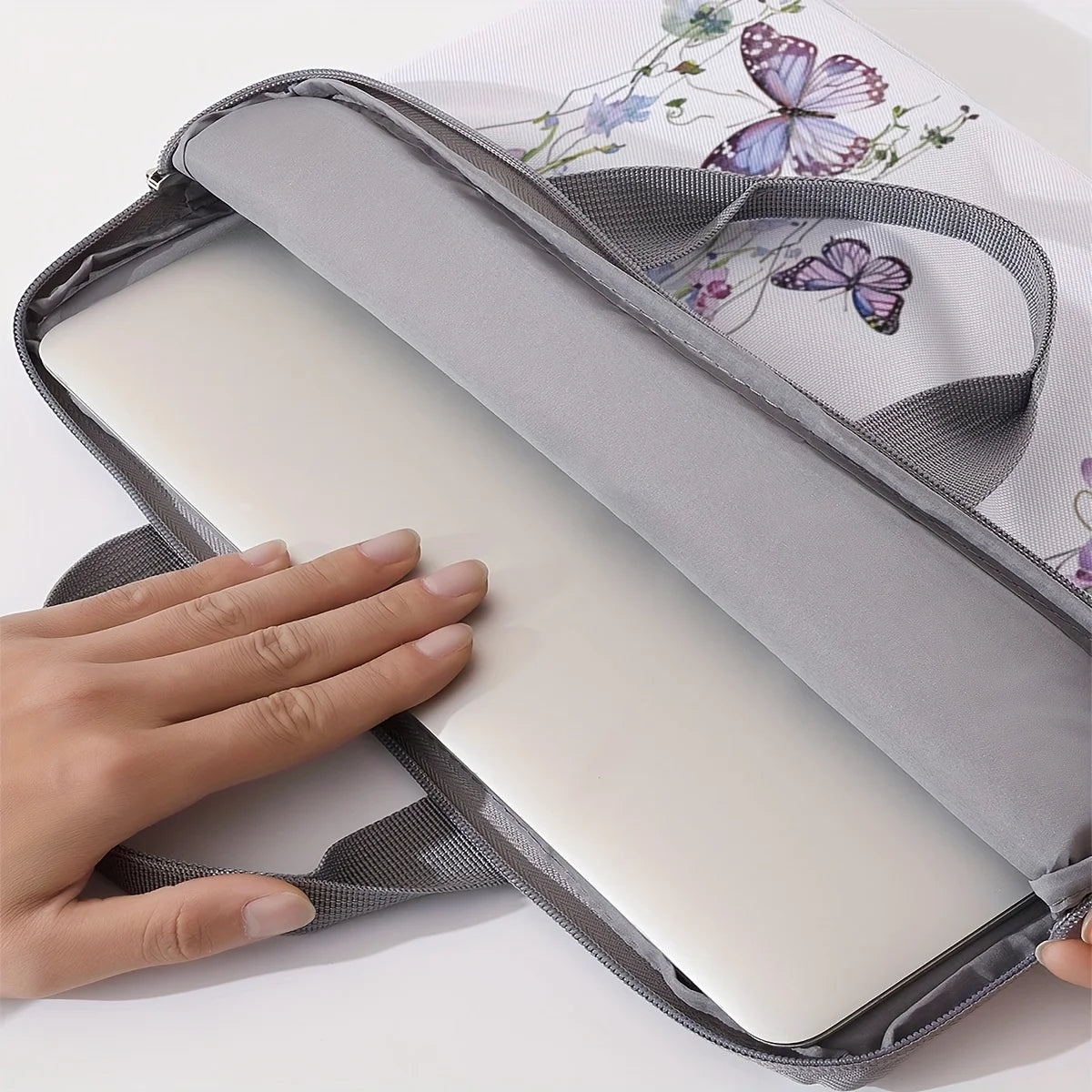 No-EN-Name-Null Modern Rectangle Floral Purple Butterfly Design Polyester Lining Carry Handle Internal Padding Single 14 Inch Laptop Compartment Zippered Bag Briefcases/ Suitable for 14 inch Laptops/With Handle/Without Handle