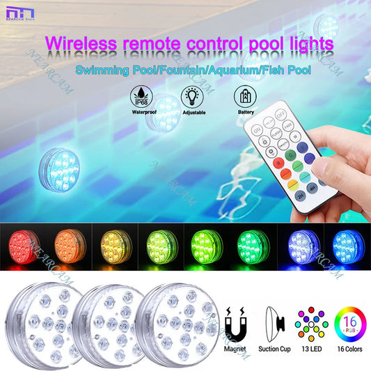 No-EN-Name-Null Outdoor Waterproof Remote Control Clear Plastic Round Transparent Shell 3 Modes Adjustable 16 LED Lights DC-Powered Magnetic Suction Cup Underwater Swimming Pool Floating-Submersible Lights/Colors-White/Clear/Multicolor