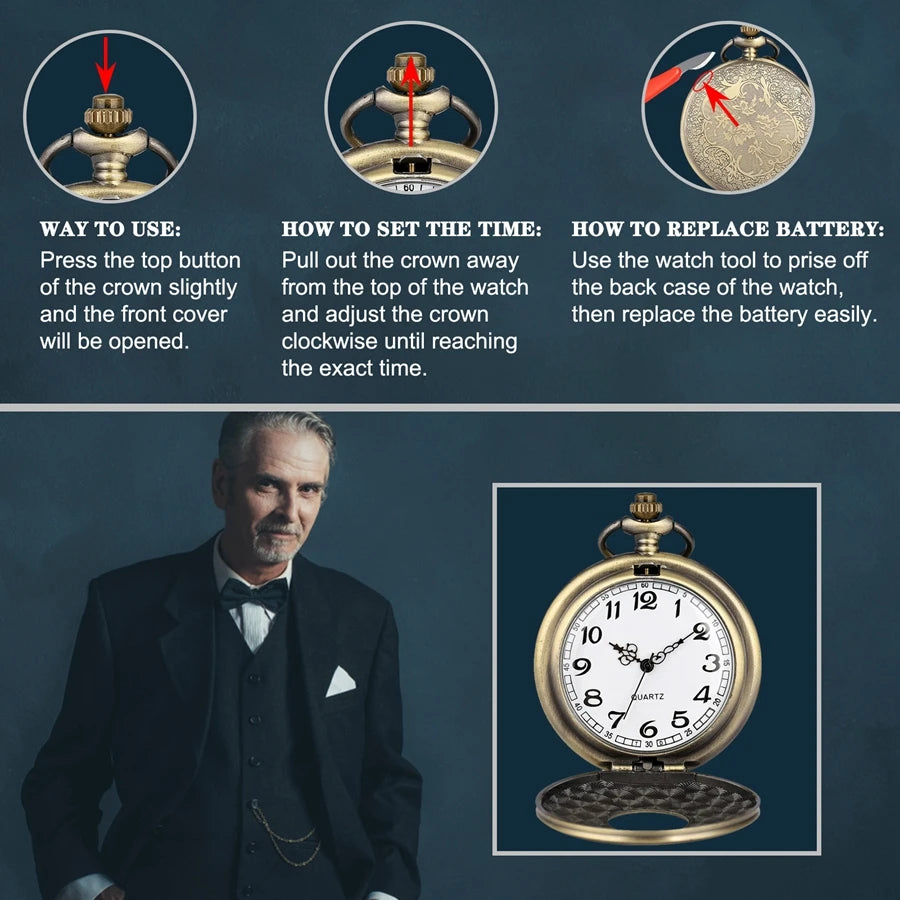 SOXY Adult Men Vintage Quartz Analog Display Glass Face Stainless Steel Metal Bronze Round Shaped Case White Face-Hollow-Out Roman Numeral On Front Design Arabic Numeral Inside Bronze Chain-Pocket Watches