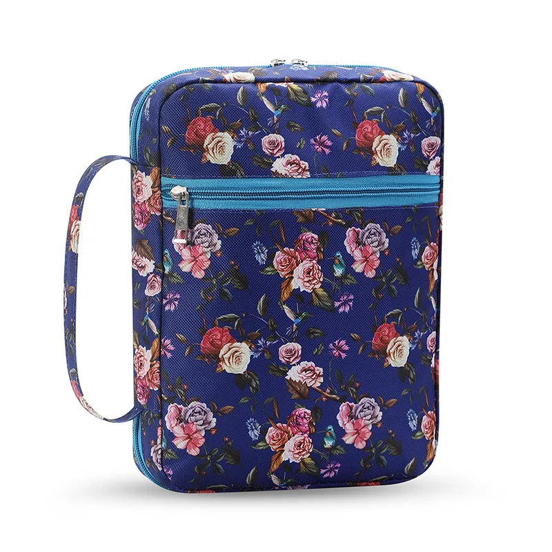 ALL GLORY Soft Handle Blue Floral Design Saying God Is Within Her She Will Not Fall Psalms 46: 5Metal Zippered Internal Pockets Nylon Fabric Polyester Lining Religious Items Bible Cover Cases/Colors-Various Floral Patterns