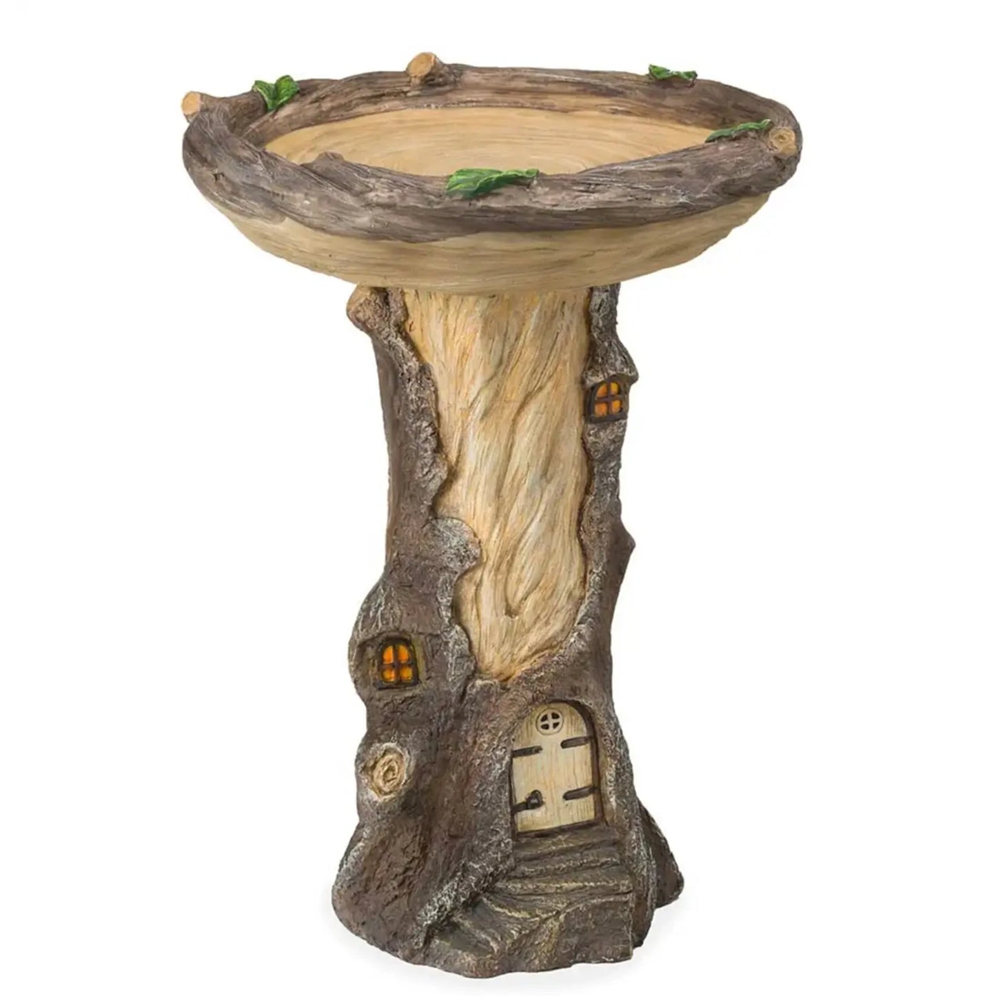 No-EN-Name-Null Outdoor Garden Inspired Fairy House Brown Round Shaped Resin Landscape-Door In Realistic Old Wood Grain-Bark On Tree Trunk-Stairs-With A Small Window Design Free-Standing Full-Size Birdbaths