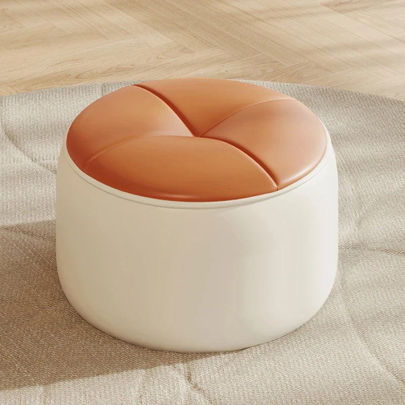 No-EN-Name-Null Modern Free-Standing Two-Toned Orange-White Round Shaped Solid Pine Customizable Faux Leather Cushions Ottomans/Colors-White/Beige/Orange/Assembly Required