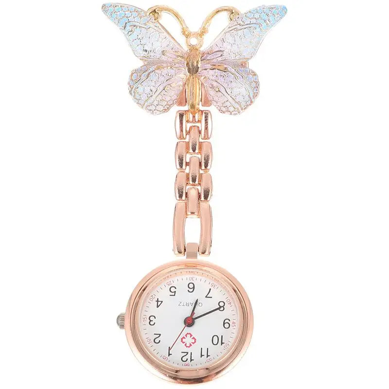 No-EN-Name-Null Adults Metal Alloy Round Shaped Digital Quartz White Face Black Numbers Butterfly-Flower Floral Styles Hanging Locked Pin-On Lapel Nurses Fob Pocket Watches