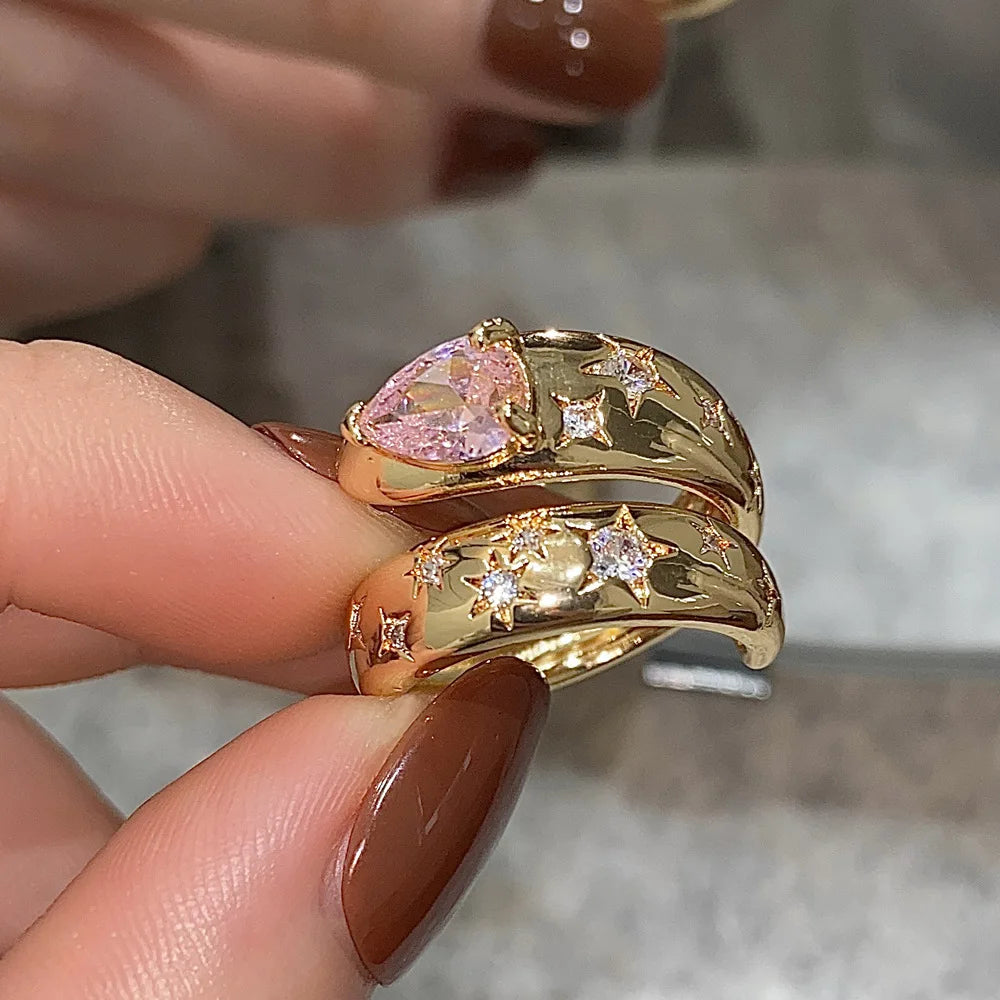 XPEL Adult Women Fine Imitation Stainless Steel 18k Gold-Plated Multicolor Hearts-Diamonds Cubic Zirconia Round Wedding Band Rings/Colors-Green/Gold/Clear/Pink/Multicolor