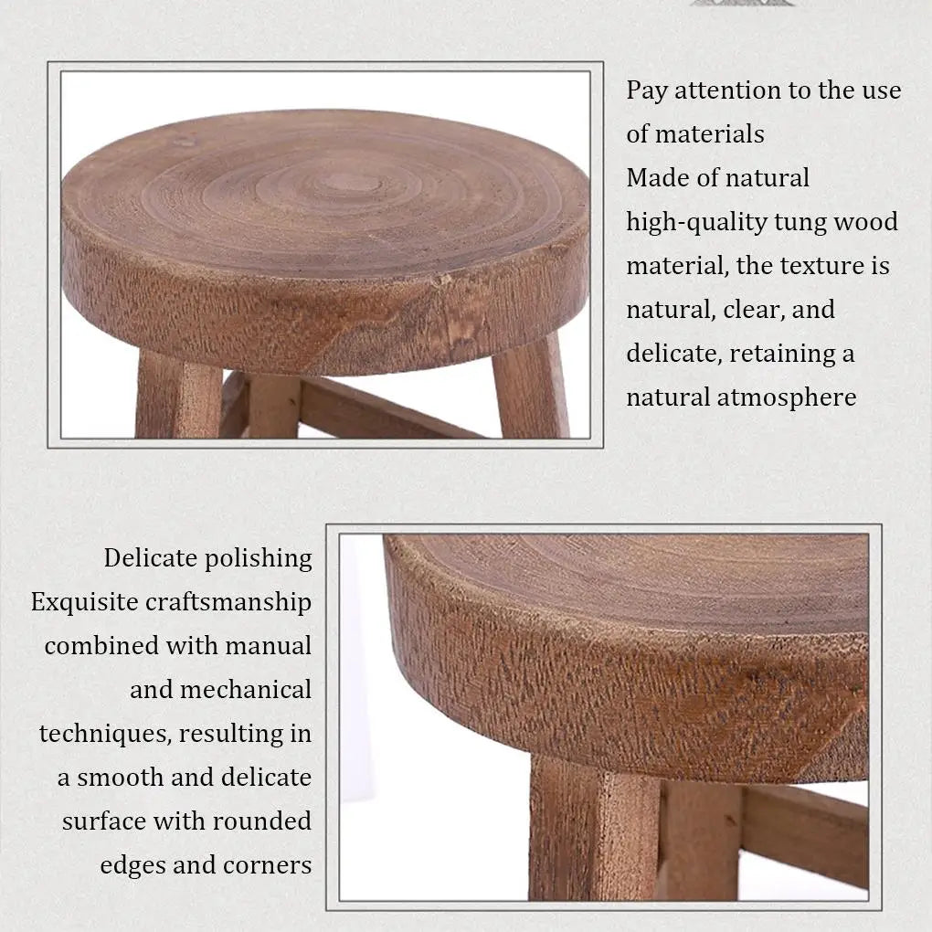 No-EN-Name-Null Countryside Old Antique Backless Smooth Round Shaped Small Hard Flat Seat Top-Brown Solid Tung Wood Triangle Shaped-3 Legs Base Frame Plant Supports
