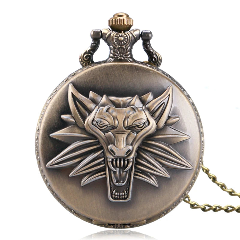 WECIN Adults Vintage Analog Display Glass Face Round Shaped Arabic Numeral Universal Time Bronze Embossed Roaring Lion Head Floral Design On Back Bronze Chain-Pocket Watches