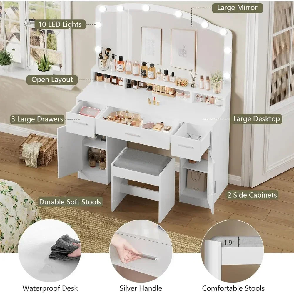 NULL Women White Modern 10 Built-In LED Lights Bulbs Large Mirror Makeup Three Drawers Wood Vanity Desks/2 Side Cabinets/ Long Storage Shelf /Soft Cushioned Stool/Colors-Black/White/Gray