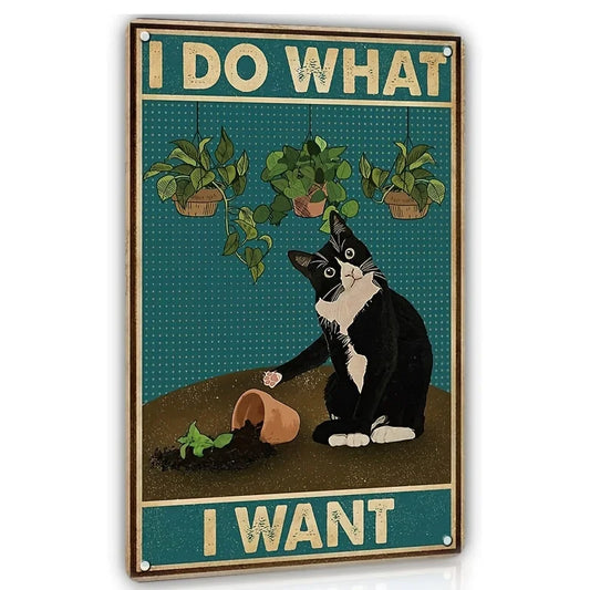 No-EN-Name-Null Vintage Waterproof Tin Metal Customized Blue Background Green Rectangle White Text Saying-I Do What I Want-Funny Black Cat Novelty Signs/Colors-Blue/Green/Black/Animal//White/Size: 30 x 20cm