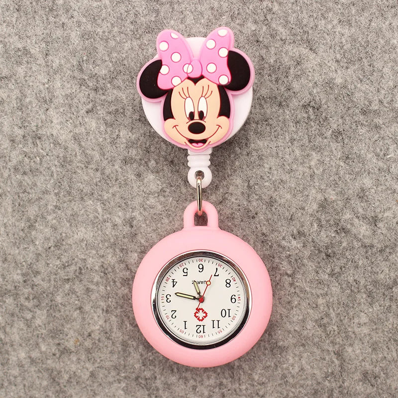 MINISO Adults Waterproof Quartz Round Red-Black Rubber Cover Metal Acrylic Case-Face Arabic Numeral Cute Cartoon Couples Minnie-Mickey Mouse-Daffy-Daisy Duck Clip-On Fob Pocket Watches/Colors-Gray/Orange/Gold/Green/Pink/Black/Brown/Blue