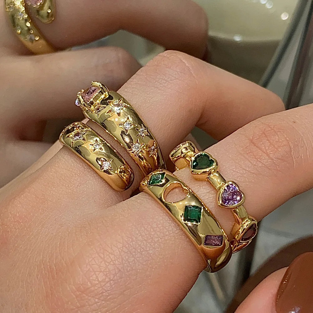 XPEL Adult Women Fine Imitation Stainless Steel 18k Gold-Plated Multicolor Hearts-Diamonds Cubic Zirconia Round Wedding Band Rings/Colors-Green/Gold/Clear/Pink/Multicolor