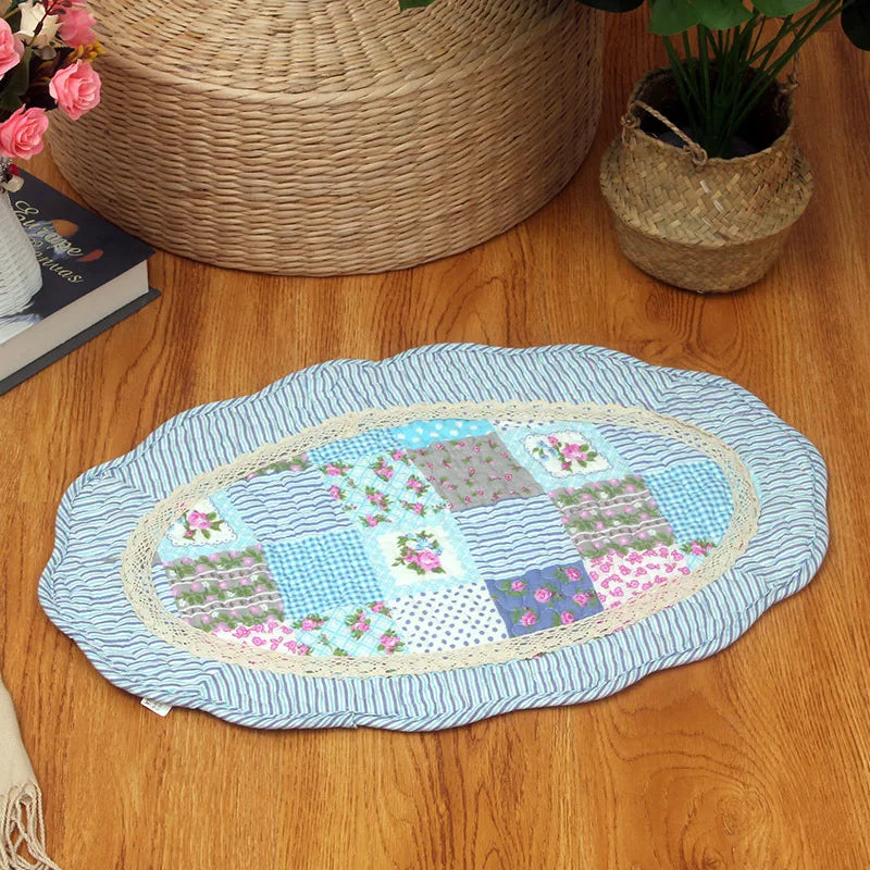 No-EN-Name-Null Indoor Non-Toxic Waterproof Fade Resistant Cotton Fabric Quilted Patchwork Floral Design Hand-Knotted Flatweave Anti-Slip Base Oval Floor Mats-Rugs/Hand-Machine Wash/Colors-Floral/Dots/Striped/Checkered/Multicolor