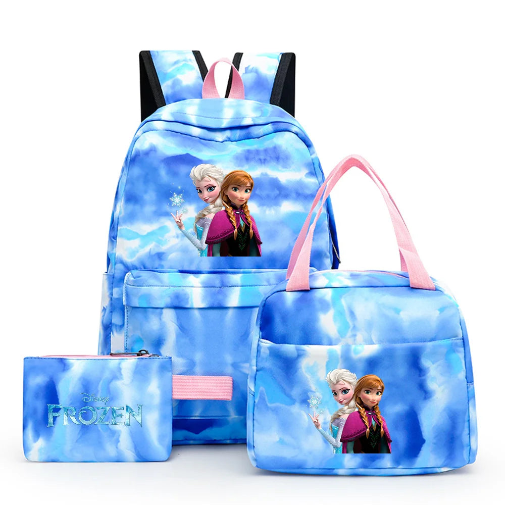 Disney Kids Cute Cartoon Frozen Movie-Elsa-Anna Multicolor Large Waterproof Nylon Fabric Zipper Pockets Shoulder Straps-Handle Single Compartment School Backpacks Sets/ Lunch Bag/Pencil Bag/Colors-Pink/Blue/Multicolor