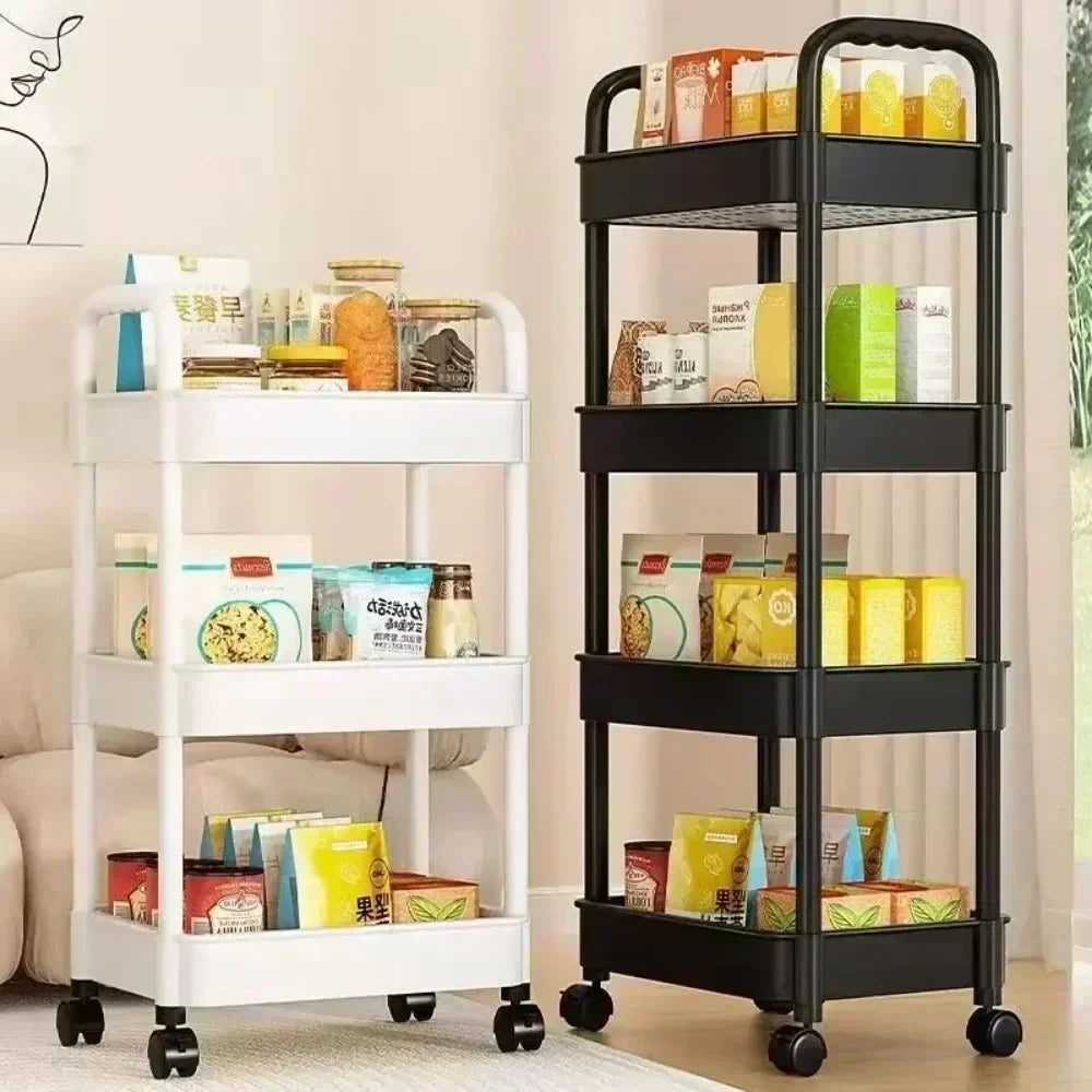 3-5 Tiers Plastic Kitchen Shelves Storage Caddies/4 Wheels/Colors-White/Black