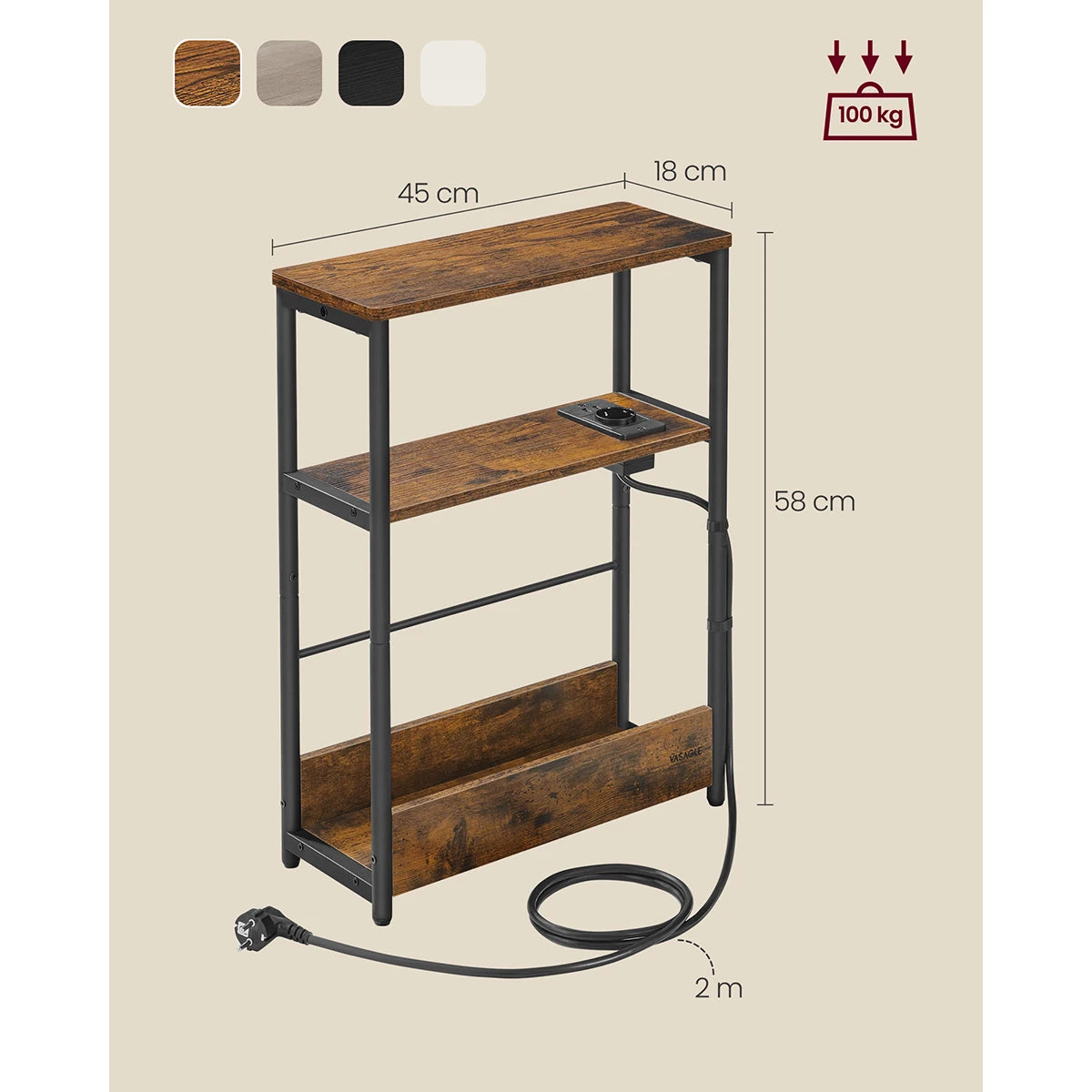 VASAGLE Rustic Brown-Black Metal Frame Slim Adjustable Height End Tables /Power Strip/2 Cable Ties/ 1 Mounting kit/ 1 Instruction Manual/Colors-Rustic Brown/Ink Black/Ivory/ Dimensions : 18 x 45 x 58 cm (P x L x H)