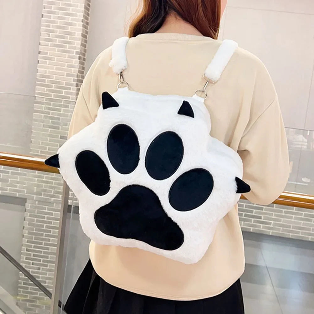 SHUNMAII Women Softback Black-White Polyester Fabric Cute Cartoon Soft Furry Cat Paw Design External Pockets Nylon Lining Zippers Adjustable Straps Slit Pockets School Backpacks