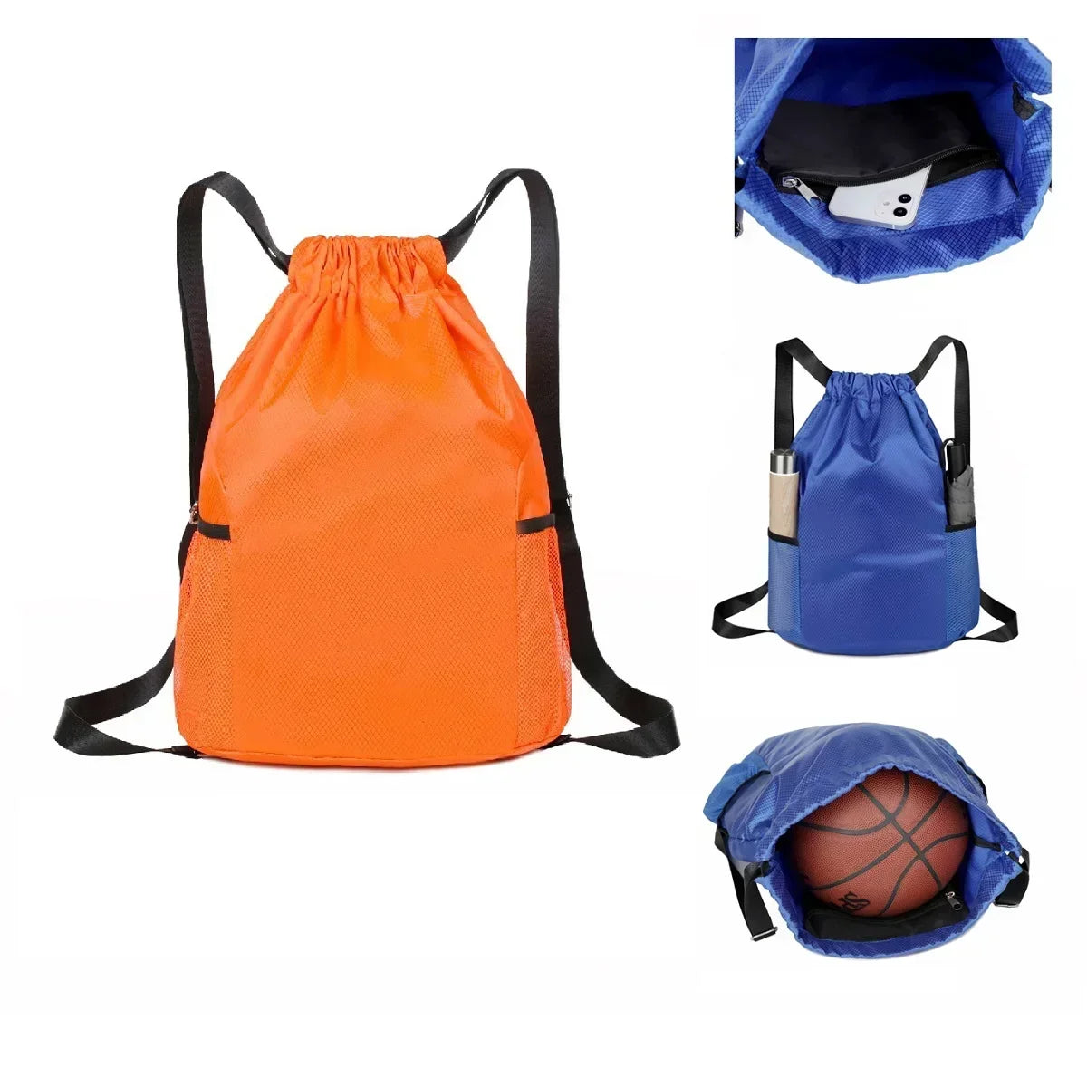 FANAN Outdoor Softback Blue Oxford Fabric Large Lightweight Polyester Lining Single Compartment Black Shoulder Straps-Handle External Double-Sided Pockets Single-Double Sports Drawstring Backpacks /Colors-Black/Blue/Yellow/Orange/Red