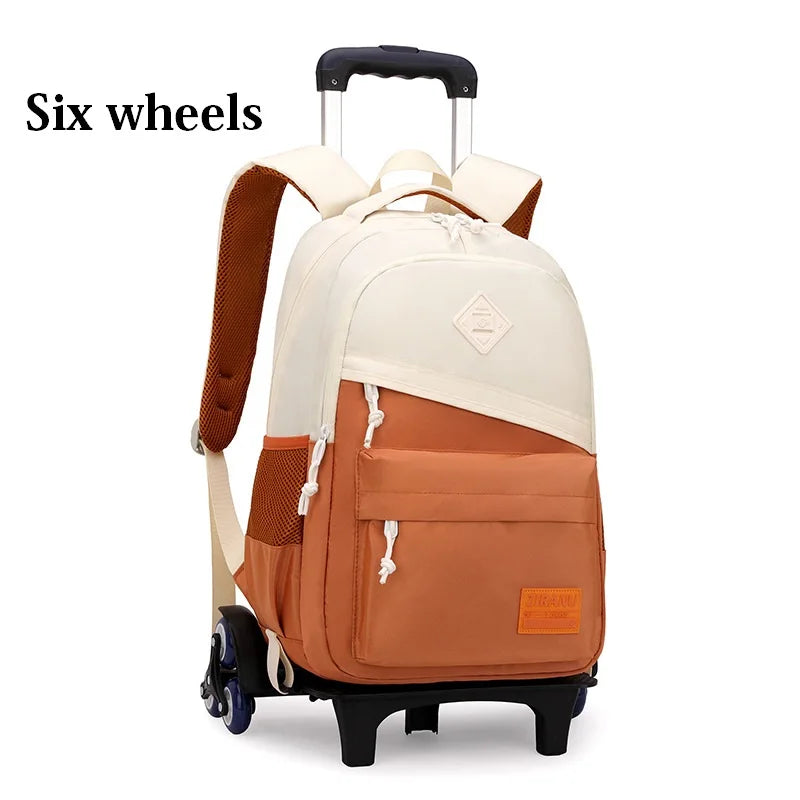 NULL No-EN-Name-Null Preppy Pullable Trolley Multicolor Nylon Fabric Flap Pocket Polyester Lining Metal Zippers Free-Standing Six Wheeled School Backpacks/Shoulder Straps-Handles/External Pockets/Colors-Black/Orange/Gray/Multicolor/Brown
