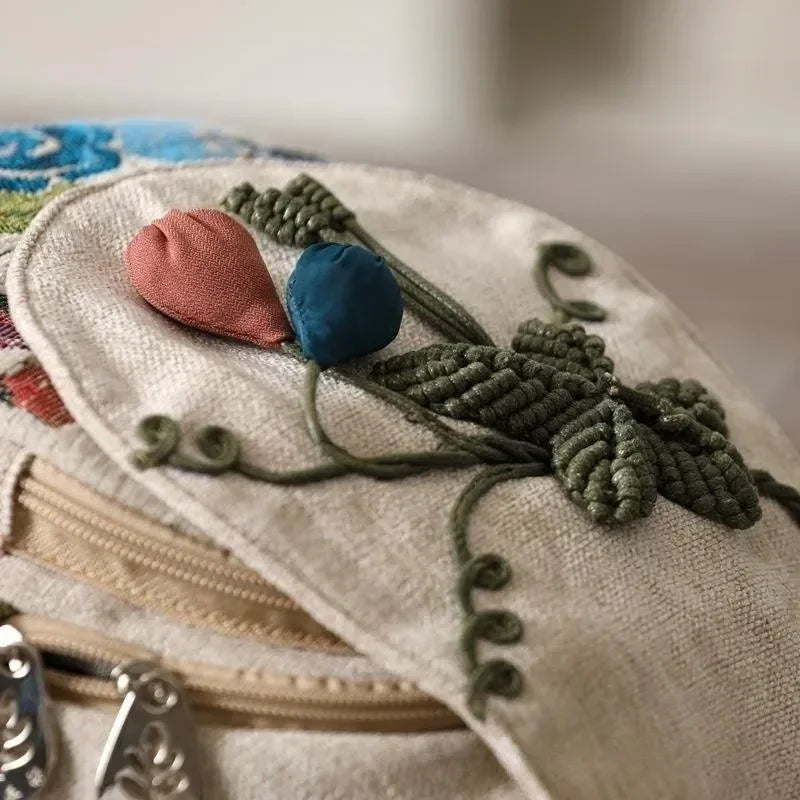 No-EN-Name-Null Women Waterproof Double Zippers Front External Pockets Multicolor Canvas Fabric Bohemian Floral Back Strays-Handle Built-In Single Compartment Lightweight Travel Backpacks/Colors-Beige/Multicolor/Floral