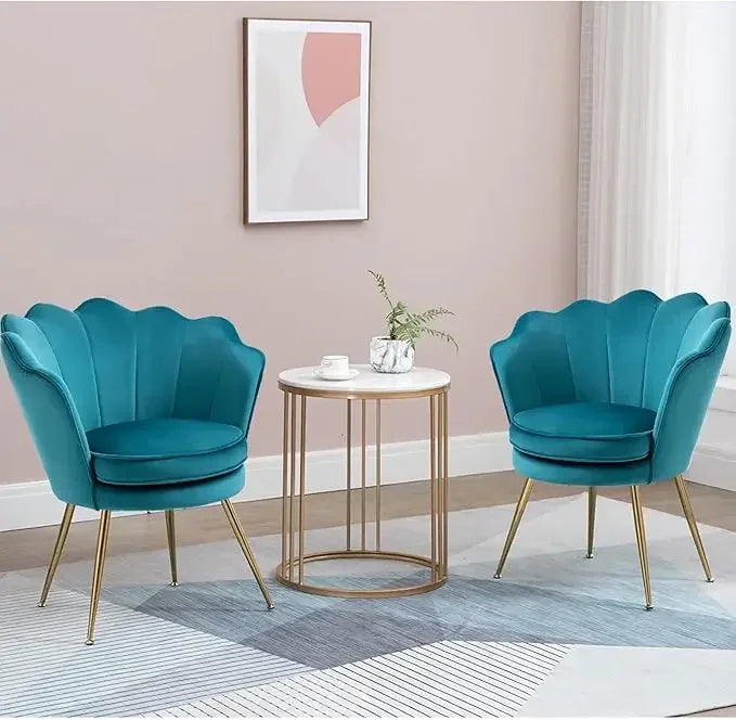 RUO WU Modern 2 PCS Beige-Blue Upholstered Padded Soft Skin-Friendly Velvet Fabric Shell-Shaped Cushions Four Gold Metal Legs Armchair Sets
