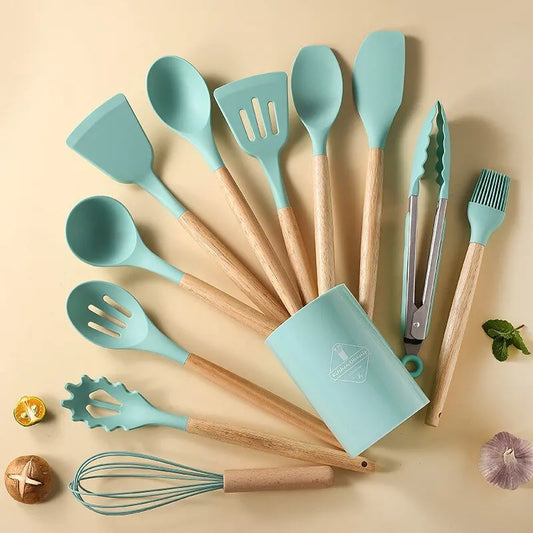 Kitchen 12 PCS Set Green Wood Handles Non-Stick Silicone Utensils-Storage Bucket/Colors-Black/Red/Green/Blue/Multicolor