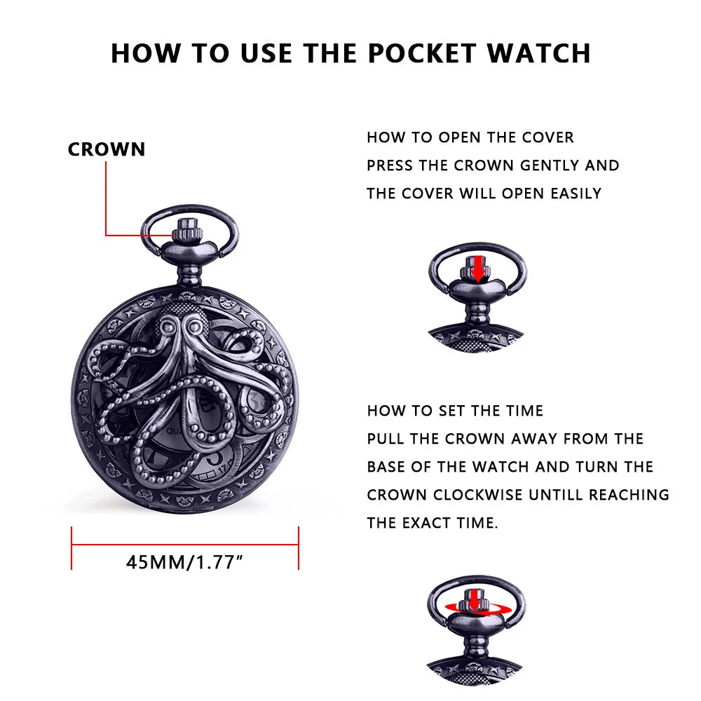 SOXY Adults Men Retro Round Shaped Glass Window Face Analog Display Stainless Steel Metal Black-Bronze Octopus Sea Creature Quartz Movement Chain-Pocket Watches