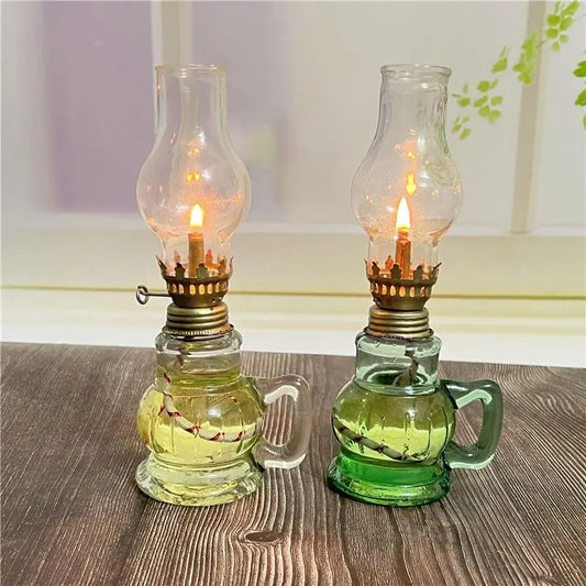 Indoor Desktop Windproof Mini Glass-Metal Kerosene Oil Lamps/Glass Lampshade/Removable Wick /Color-Transparent/Green