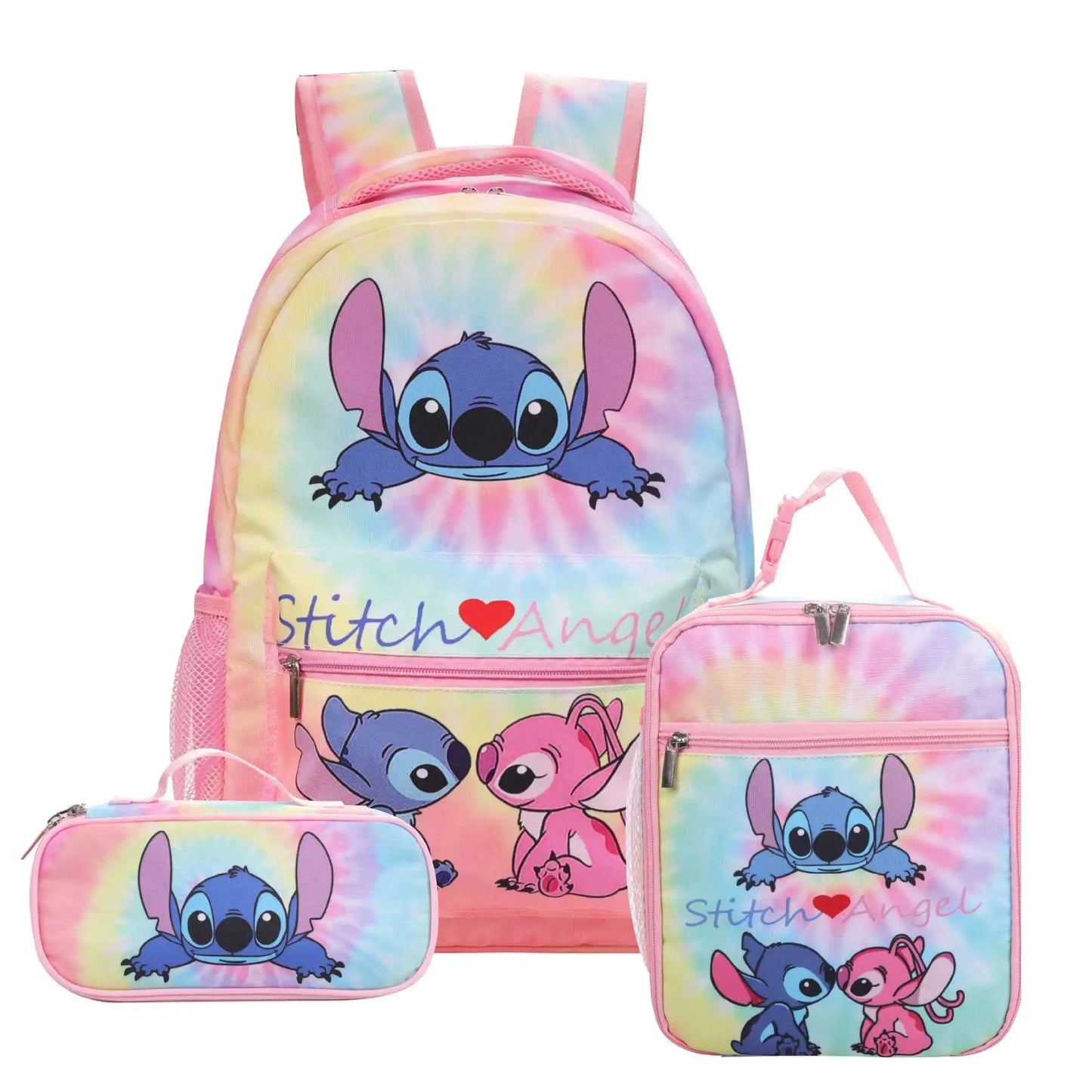 Disney Kids Large 3 PCS Cute Cartoon Stitch Movies-TV Theme Design Pink Polyester Fabric  Shoulder Straps-Handle Zipper Pockets School Backpacks Sets/Pencil Case/Small Accessory Bag/Colors-Multicolor/Pink/Blue