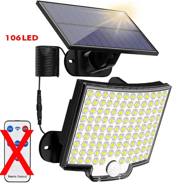 Outdoor Modern Remote Control Weatherproof Durable Plastic Rectangle Black-White Body Dimmable Super Bright 106 LED Adjustable Four-Modes Solar-Powered Split Waterproof Emergency Motion Sensor Wall-Mounted Security Lights