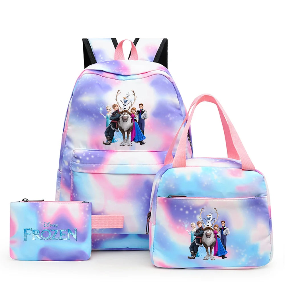 Disney Kids Cute Cartoon Frozen Movie-Elsa-Anna Multicolor Large Waterproof Nylon Fabric Zipper Pockets Shoulder Straps-Handle Single Compartment School Backpacks Sets/ Lunch Bag/Pencil Bag/Colors-Pink/Blue/Multicolor