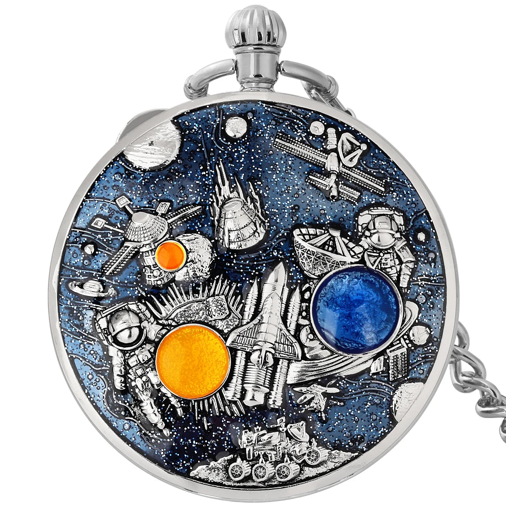 YISUYA Adults Men Quartz Acrylic Face Round Case Analog Display Black Background Gold Planets-Stars-Astronaut-Space Capsule-Shuttle-Satellites-Lunar Roving Vehicle Two Orange-Dark Green Stones Chain-Pocket Watches