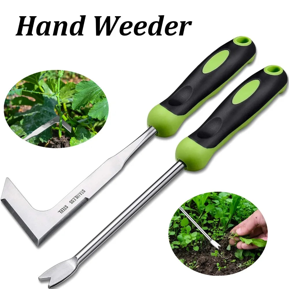 NINTH WORLD Outdoor 2 PCS Anti-Slip Grip Long Length Green-Black Rubber Handle L-Shaped Uncoated  Stainless Steel Handheld Manual Weed-Root Cultivating Tools Sets
