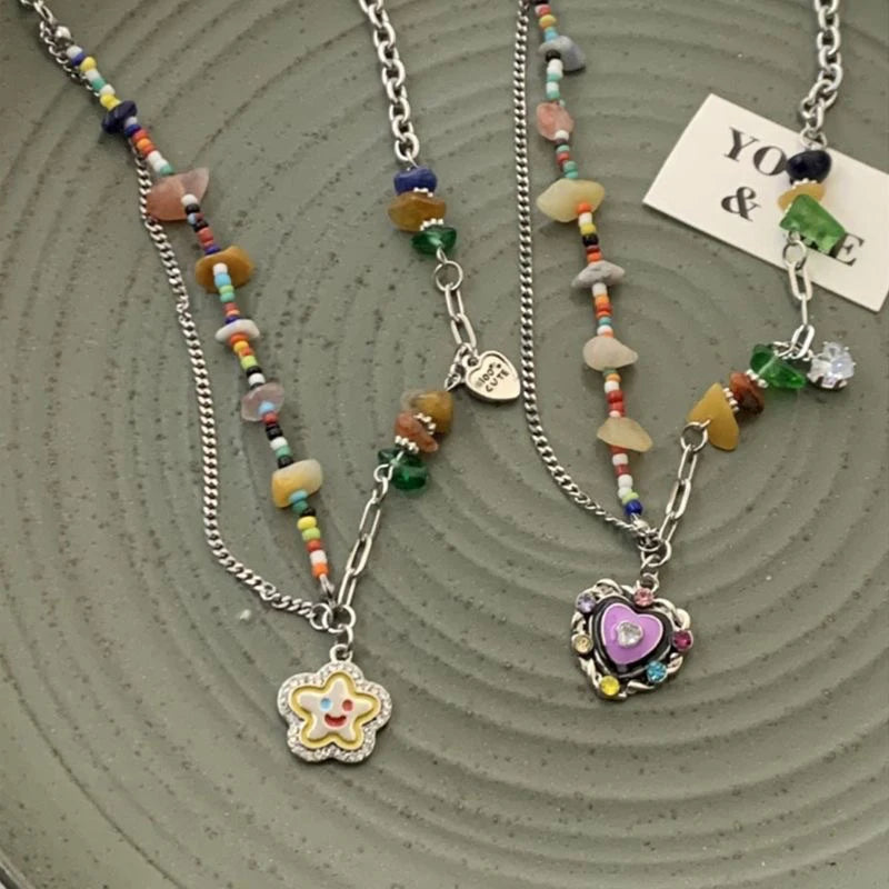 No-EN-Name-Null Adults Women Vintage Imitation Zinc Alloy Metals Imitation Bohemian Natural Crystal Stones Flower Dangle-Hearts-Smiling Star Multicolored Beaded Pendant Necklaces/Colors-Floral/Multicolor