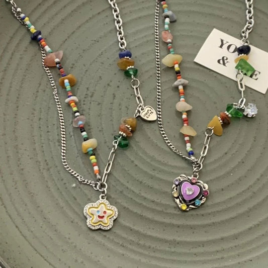No-EN-Name-Null Adults Women Vintage Imitation Zinc Alloy Metals Imitation Bohemian Natural Crystal Stones Flower Dangle-Hearts-Smiling Star Multicolored Beaded Pendant Necklaces/Colors-Floral/Multicolor