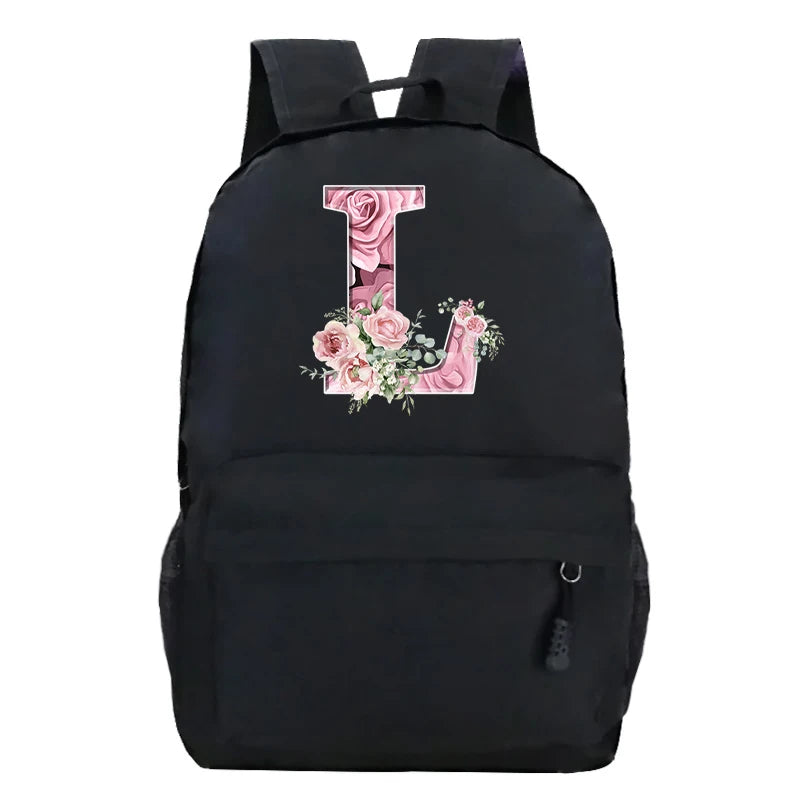 No-EN-Name-Null Waterproof Large Black Softback Nylon Fabric Printed Floral Pink Rose First Name Initial Letter Curved Back Zipper Canvas Lining Built-In Laptop Compartment Shoulder Straps-Handle Zippered External Pockets School Backpacks