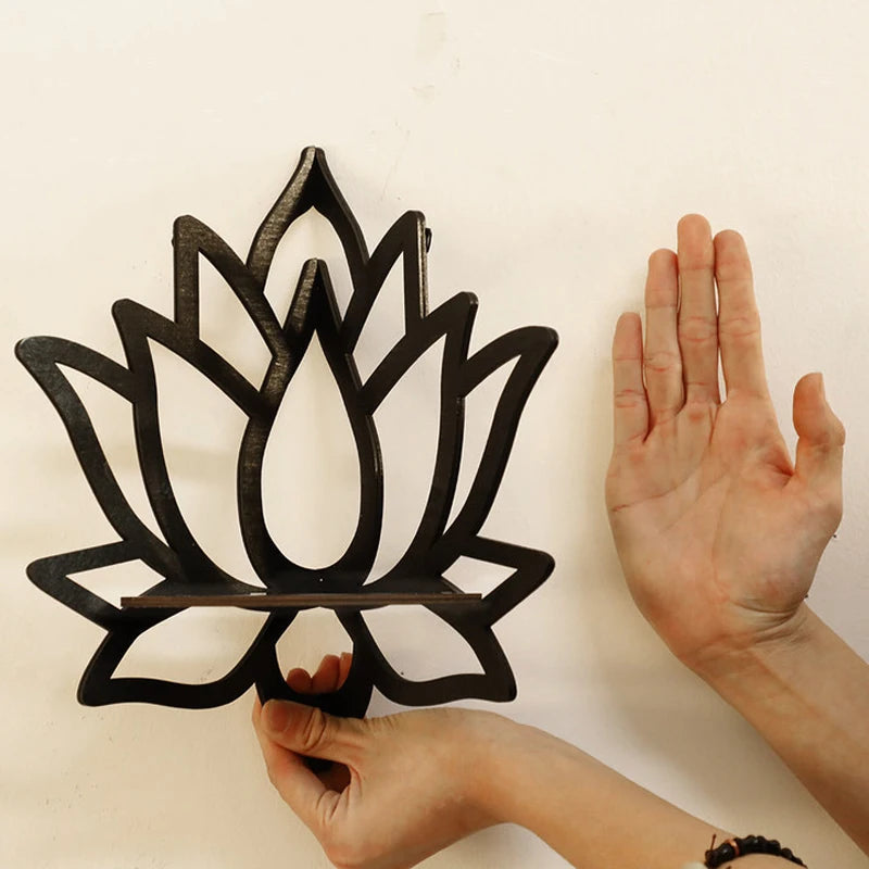 Modern Handmade Unique Creative Bohemia Black Solid Wood Hollow Out Floral Lotus Flower Design Wall Mounted Corner Shelves-Ledges