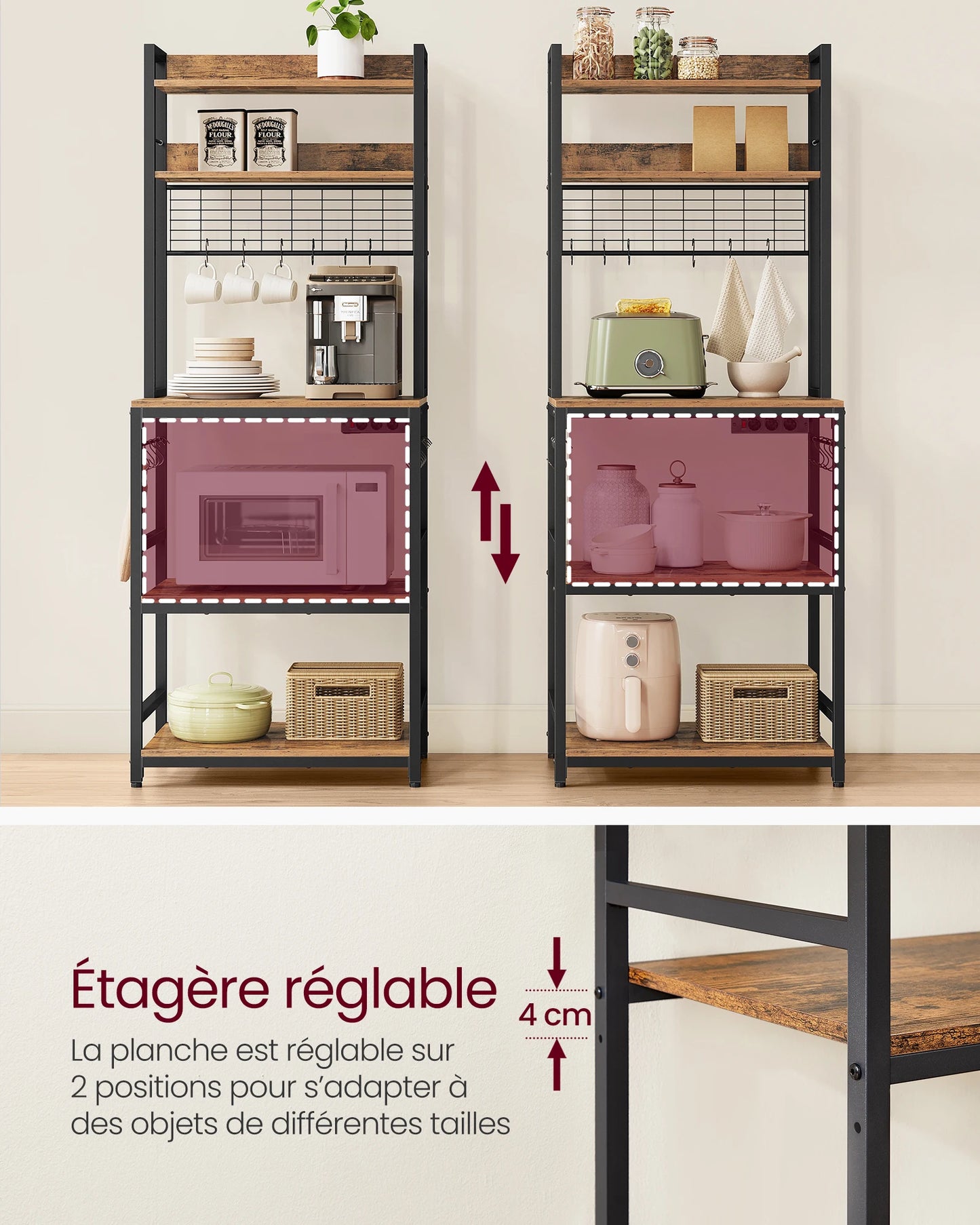 VASAGLE Kitchen-Dining Room Free-Standing Steel Metal Framed Pressed MDF Wood Storage Shelves Microwave Cabinets /Mesh Panel/ 14 Hooks /Colors-Brown/White/Black