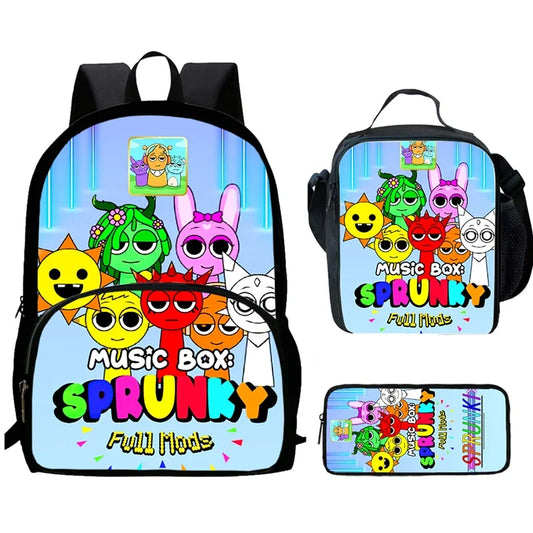 MINISO Kids Waterproof Nylon Fabric 3D Digital Print Cartoon Anime Music Box Sprunky Kids Full Mode Curved Back School Backpacks/Lunch Bag-Pencil Bag/Exterior Pockets/Laptop Compartment/Colors-White/Black/Blue/Multicolor