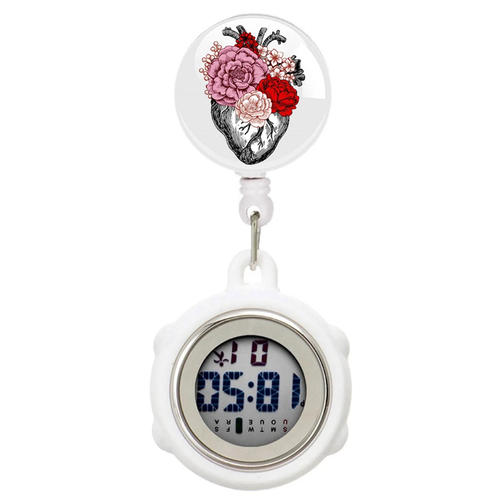No-EN-Name-Null Waterproof Black Plastic Round Cover Glass Face Digital Display Retractable Printed Floral Anatomical Designs Nurse-Doctor Hanging Metal Alloy Fob Pocket Watches/Colors-Black/White/Pink/Blue
