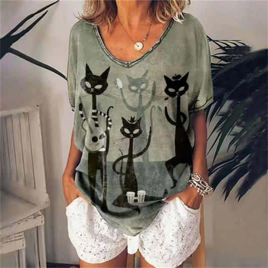 No-EN-Name-Null Women Knit V-Neck Medium Length Cute Cartoon Anime Cat Shaped Stretchable Cotton-Lycra Short Sleeved T-Shirts/Sizes: S-2XL/Colors-Green/Gray/Animal/Checkered/Floral